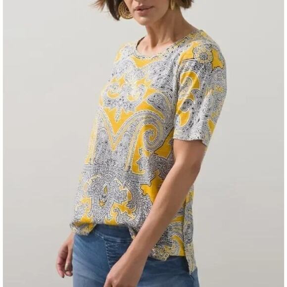 Chico's Paisley Side Vent Slub Tee Size 3 (Womens XL) Bright Ochre Casual Top - Picture 1 of 7